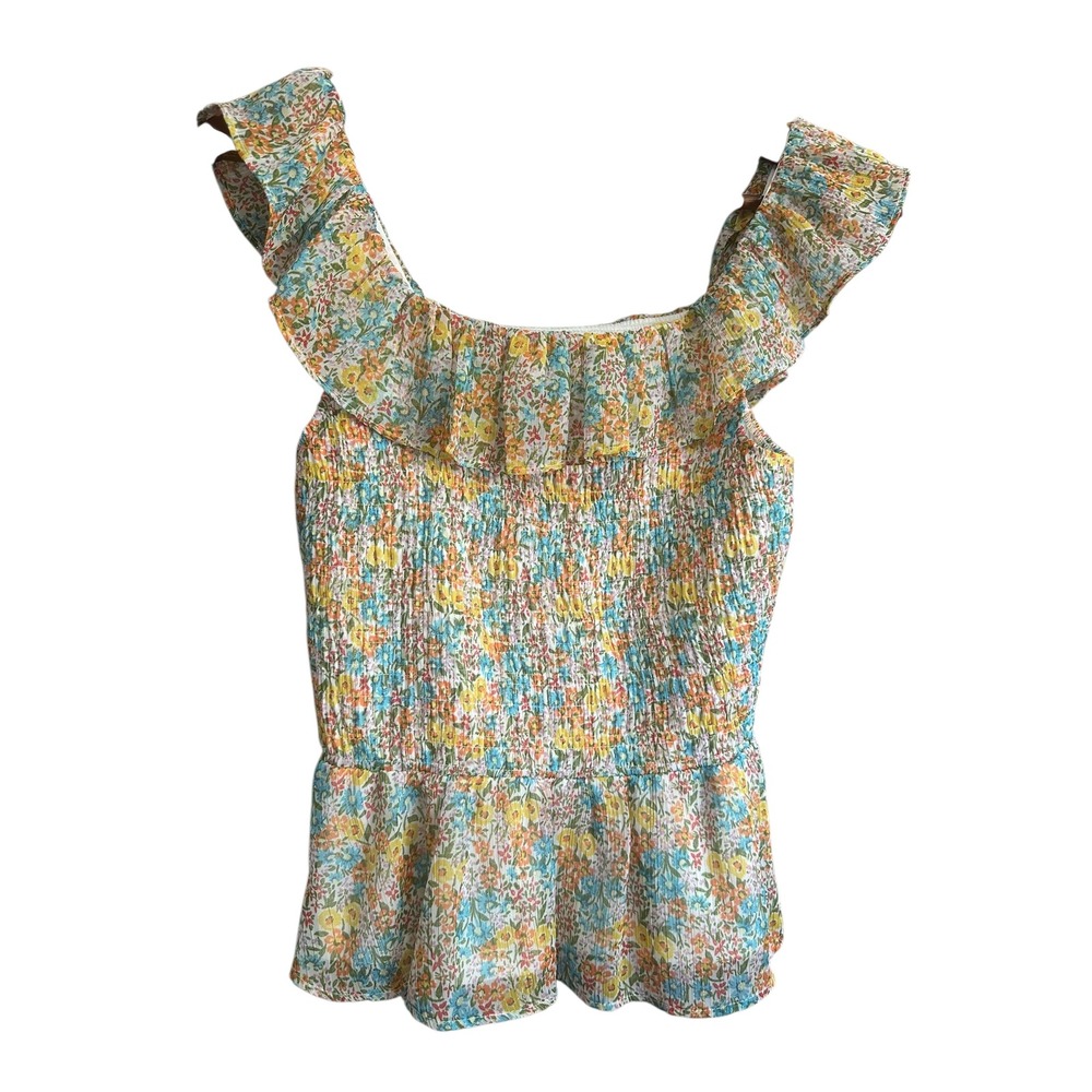 Lauren Conrad Smocked Peplum Top Floral Ruffle Square Neck Sleeveless Women M